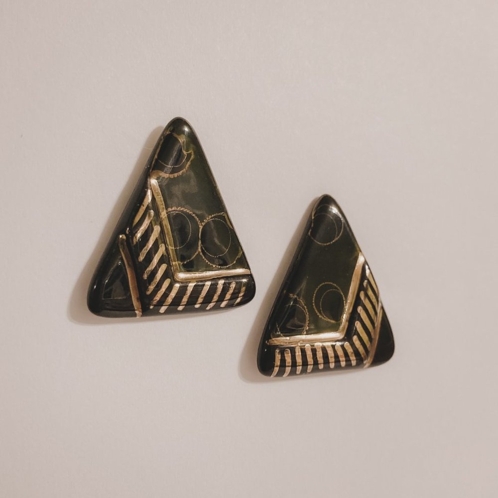 Vintage Asymmetrical Ceramic Funky Geometric Black Gold Triangle Post Earrings